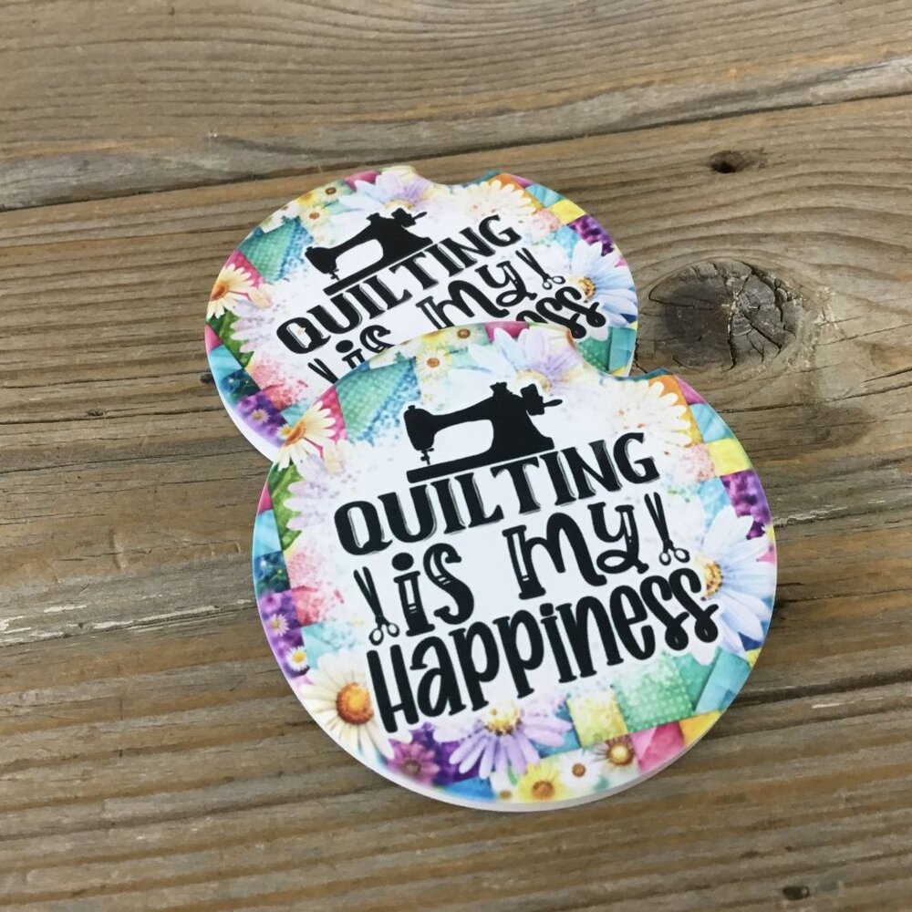 Quilting is My Happiness Set of 2 Sandstone Car Coasters, Quilter Gift